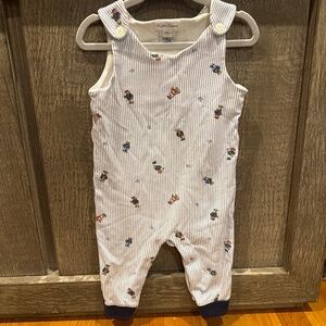 white and blue striped overalls
